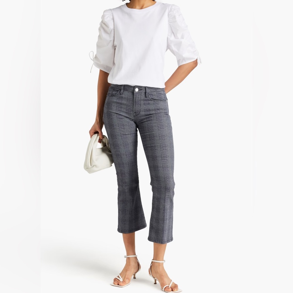 FRAME NWT Le Crop Mini Boot checked cotton-blend twill bootcut pants